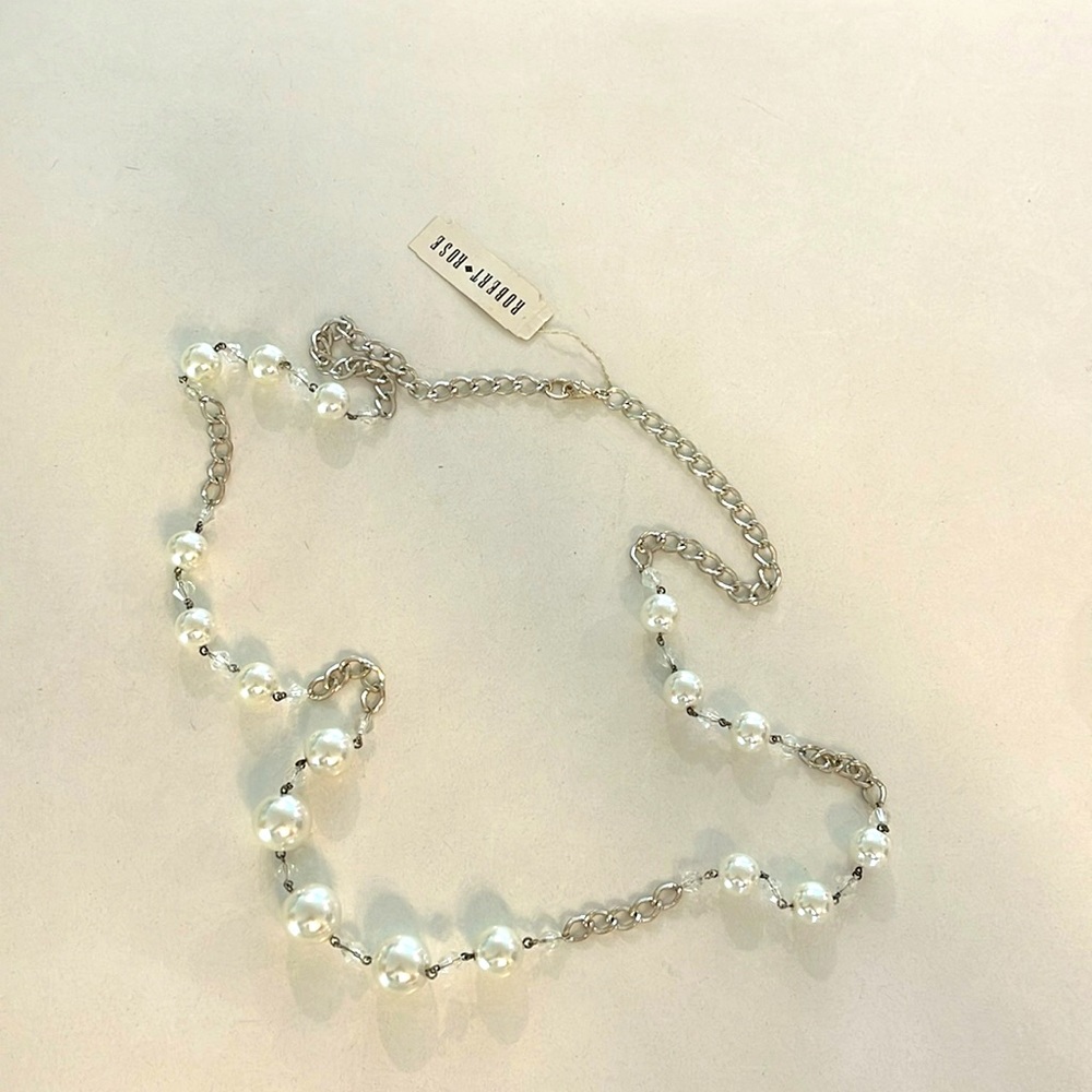 Vintage 32 inch Robert rose necklace, silver with pearls and crystals